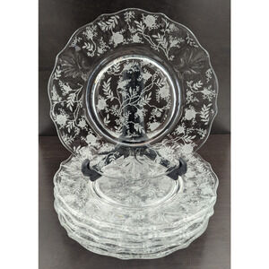 Vintage Fostoria Chintz Etched Set Of 6 Clear Glass Salad Plates 7.5" Floral